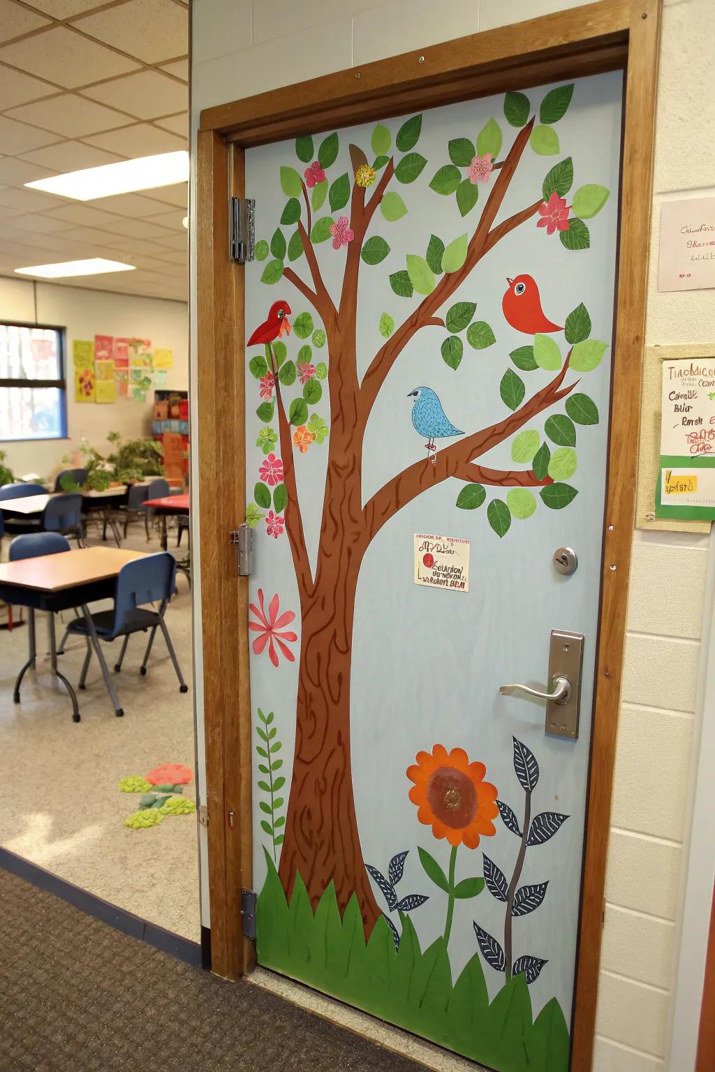 Natural elements add a calming touch to the classroom door.
