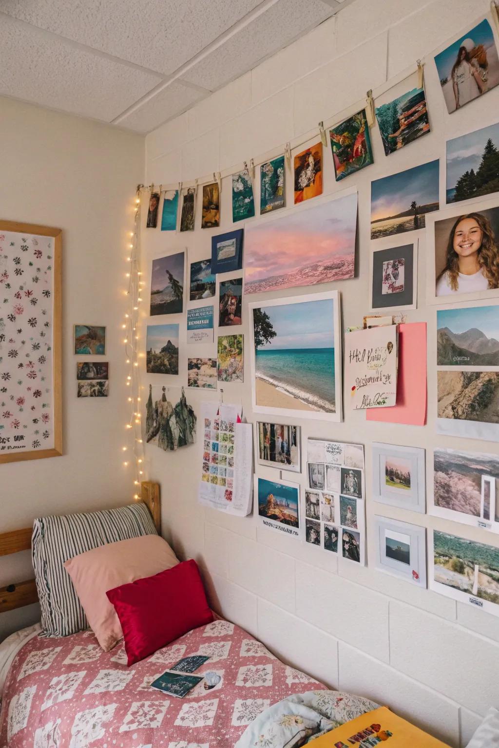 A collage of personal photos adds a touch of home.
