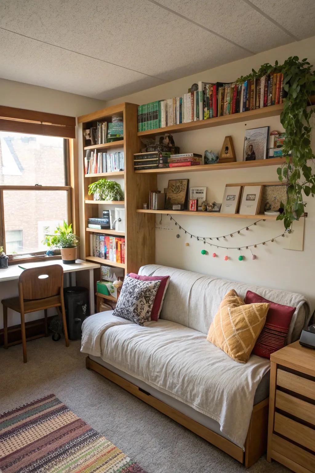 Upward storage above a sofa maximizes space in this dorm room.