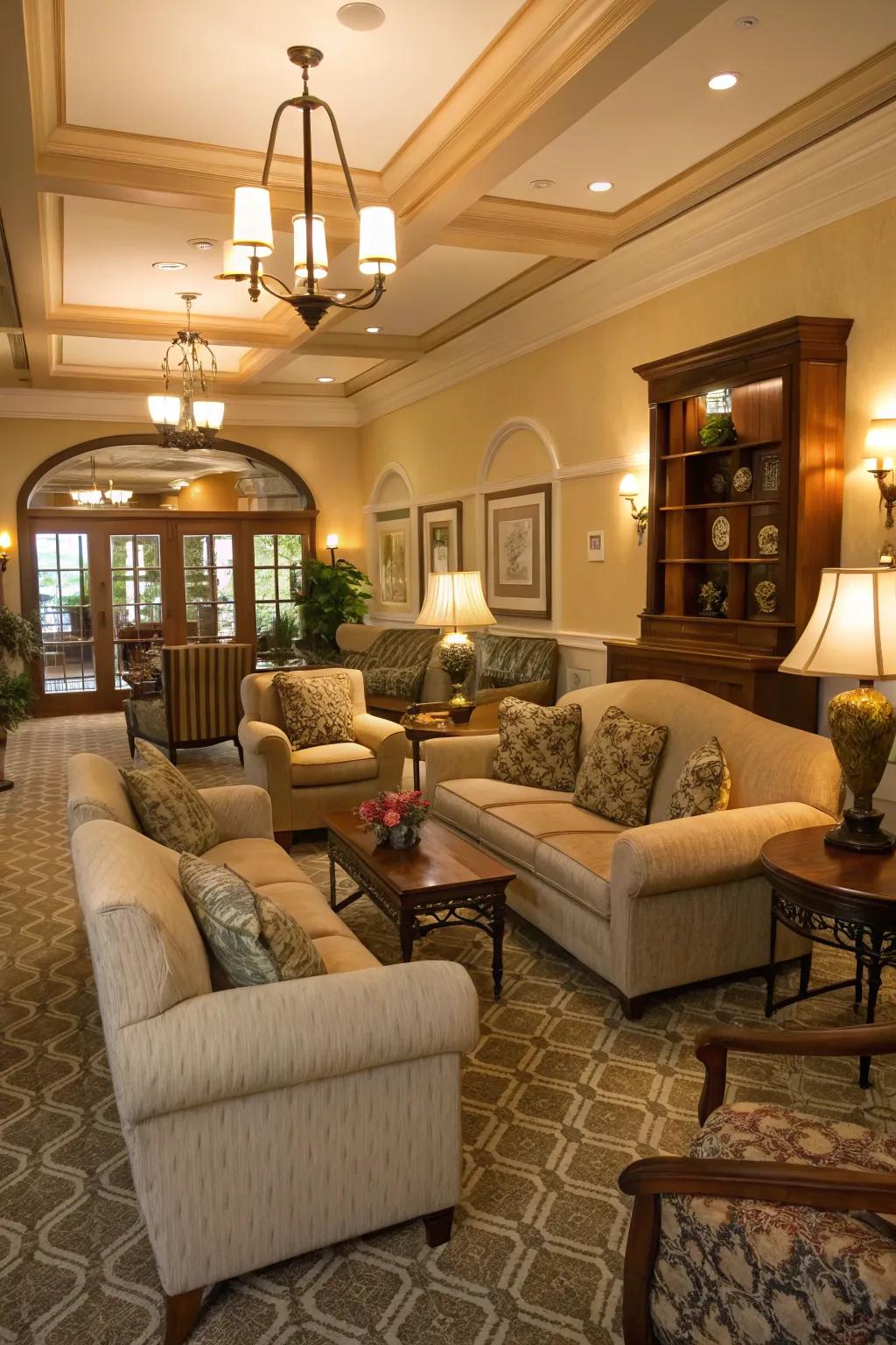 Ample seating promotes comfort and conversation in the double parlor.