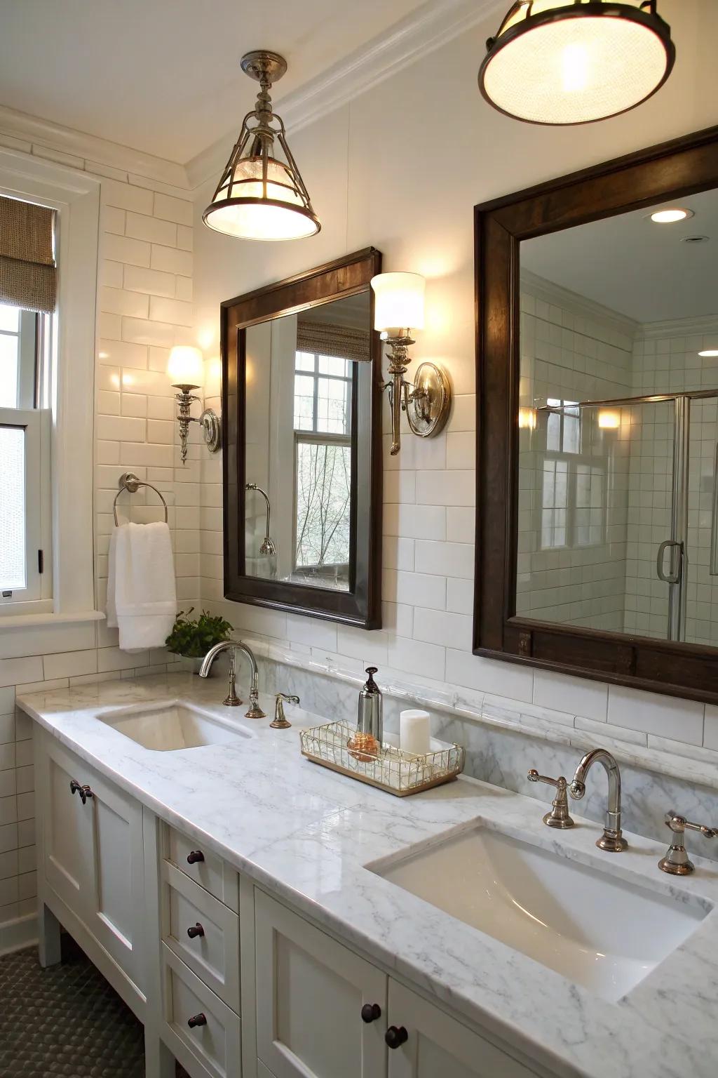 Stylish wall and ceiling lights beautifully illuminate the double sinks.