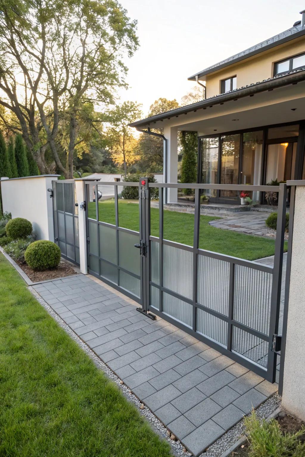 A resilient composite gate harmonizing beauty and practicality in a modern home.
