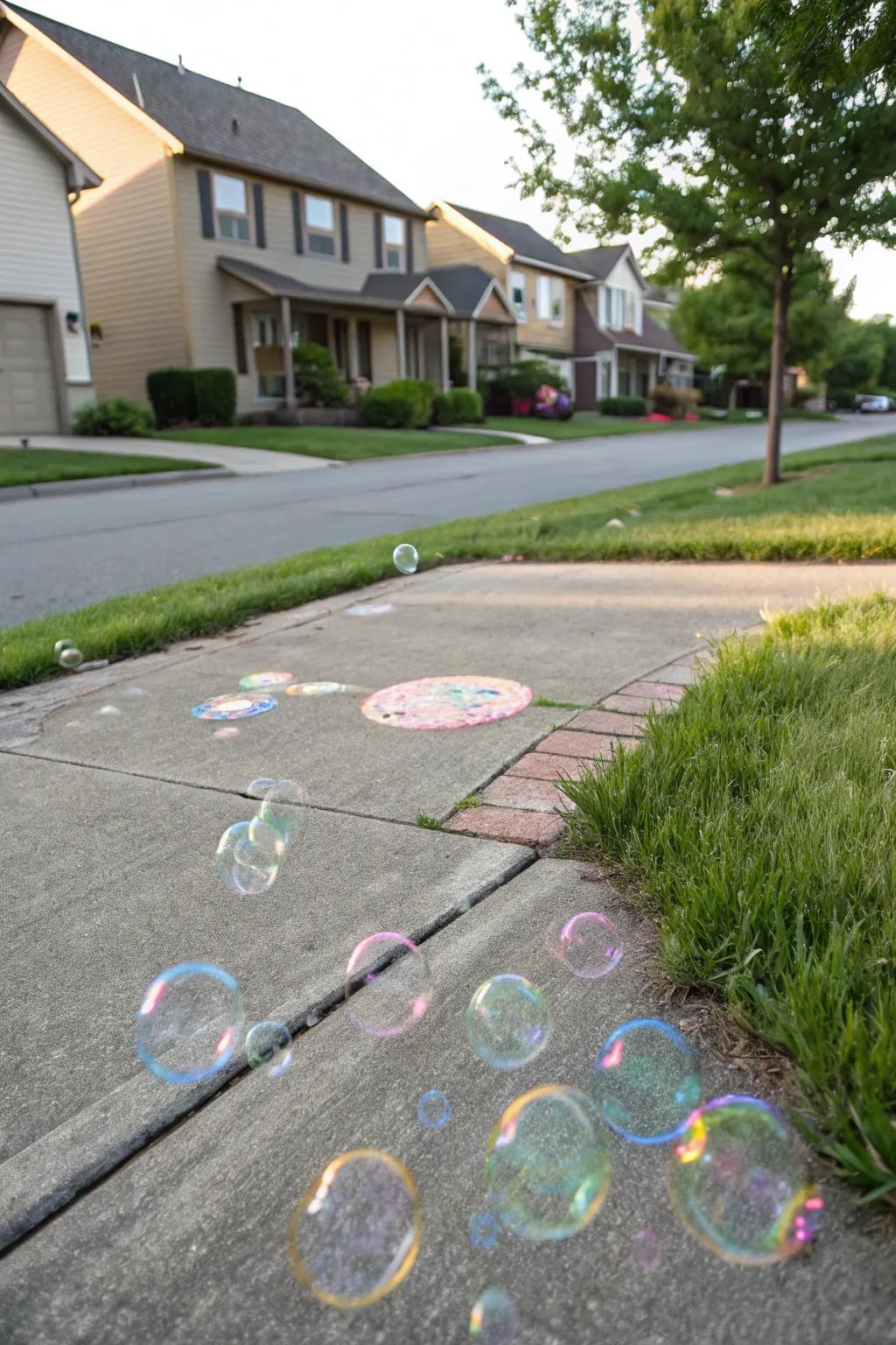 Playful chalk bubbles float across the neighborhood pavement.