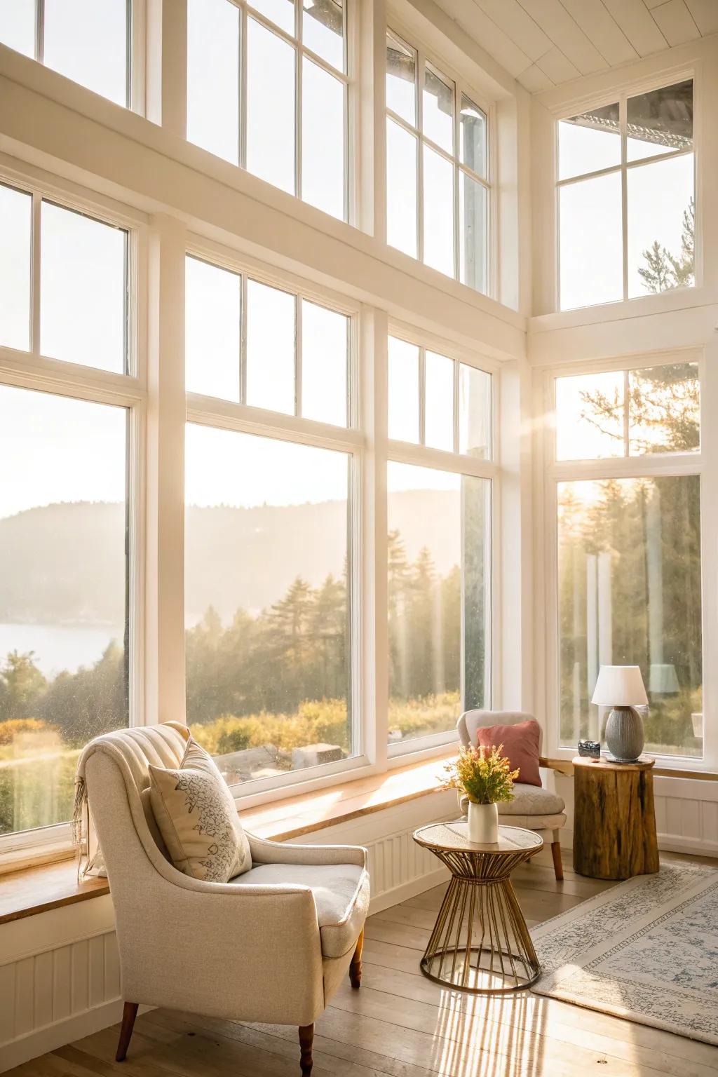 A bright and airy room featuring big windows letting in sunlight.