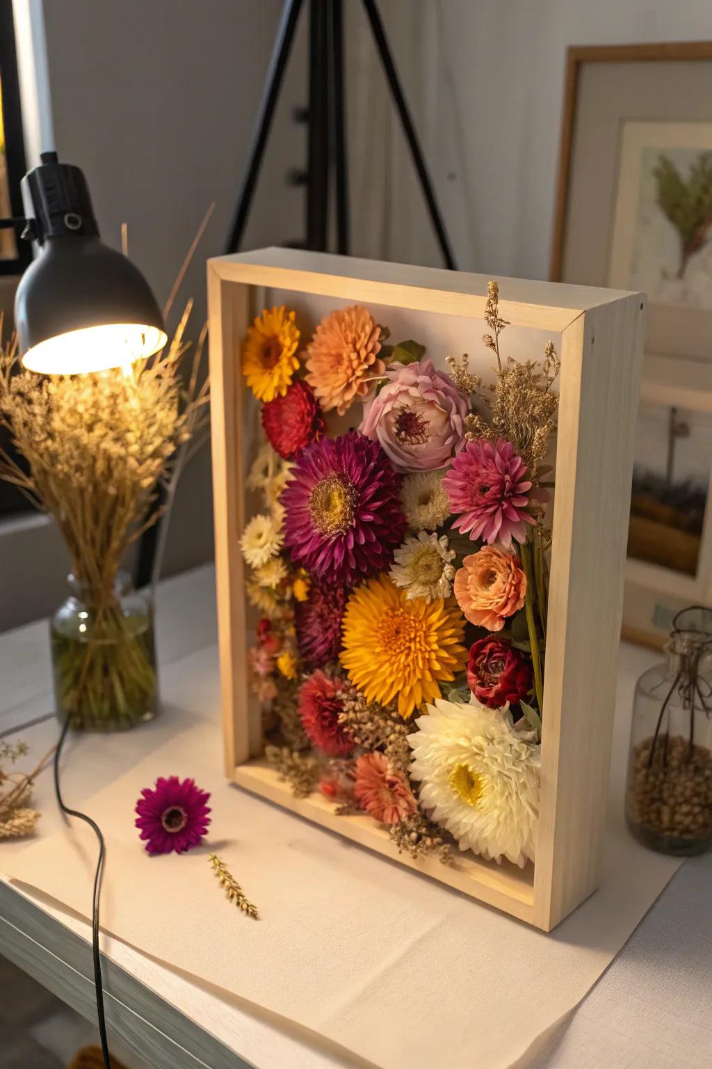 Bring nature's colors into your home with a colorful dried flower display.