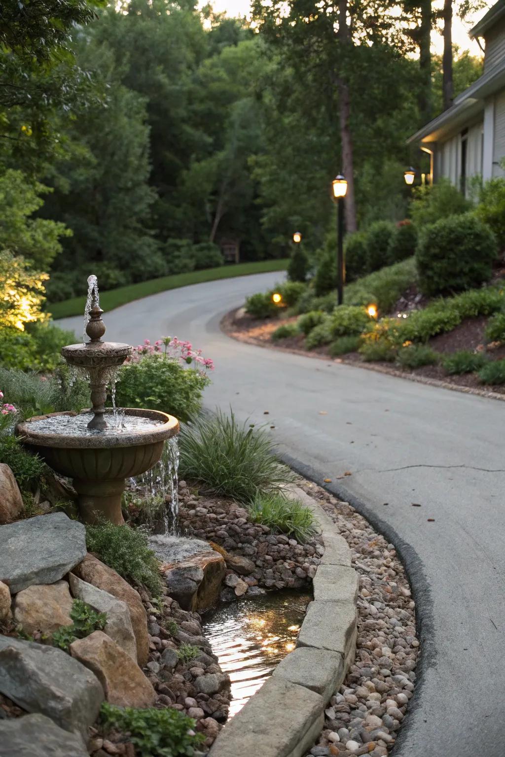 A liquid element injects tranquility into this driveway.