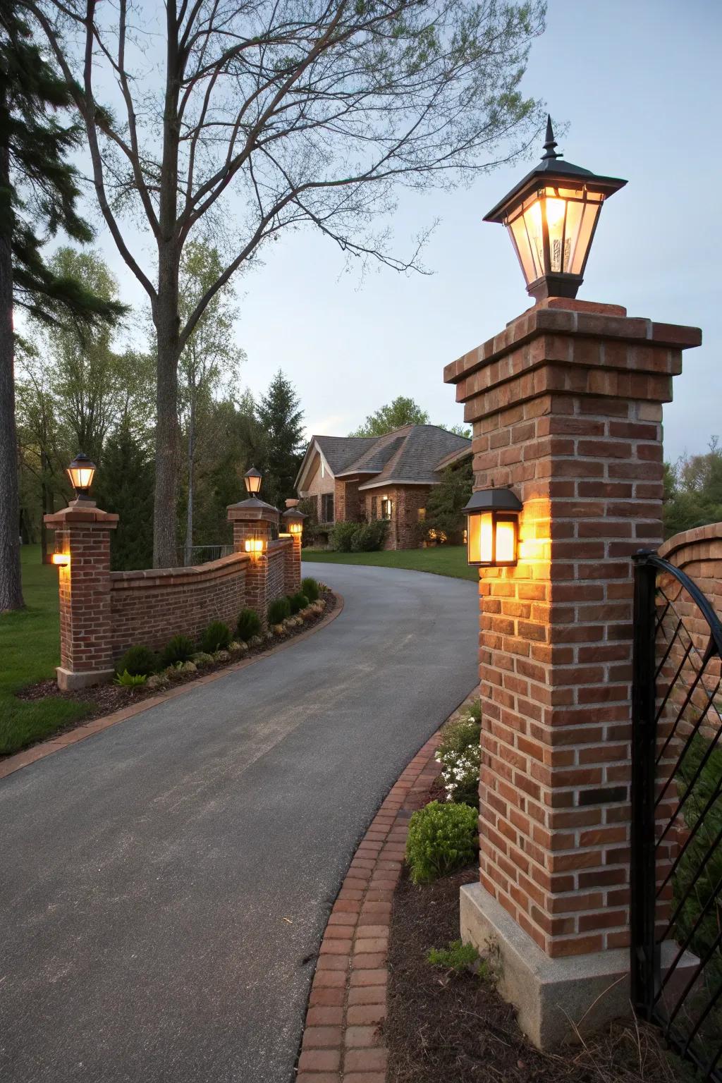 Classic wall-mounted lights illuminating the driveway's entrance.