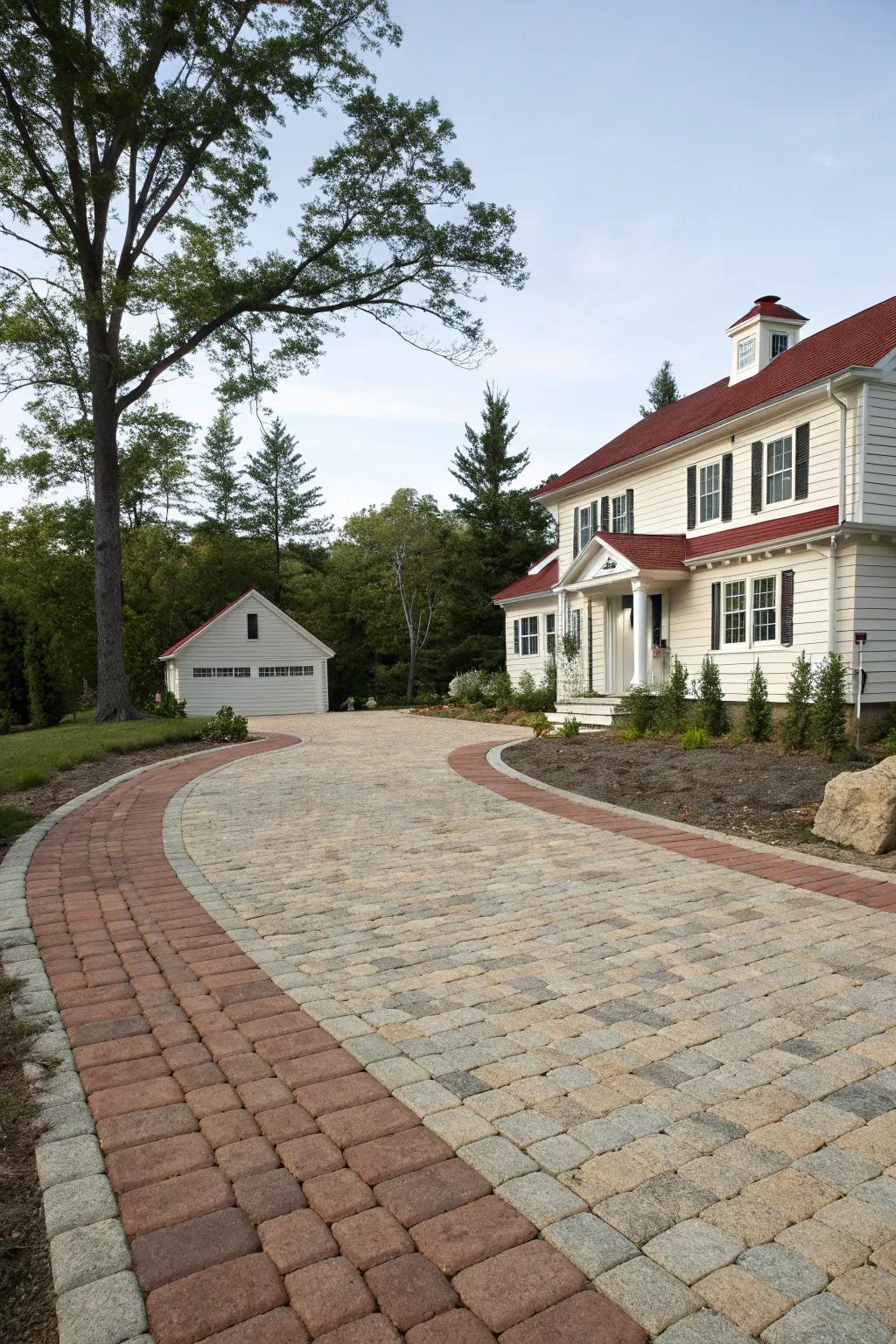 A vibrant driveway featuring a mix of stone and brick blocks for added dimension.