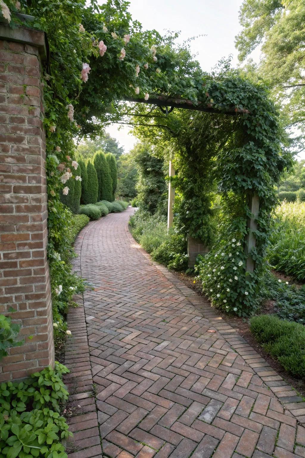A herringbone brick path adorned with lavish, blossoming vines.