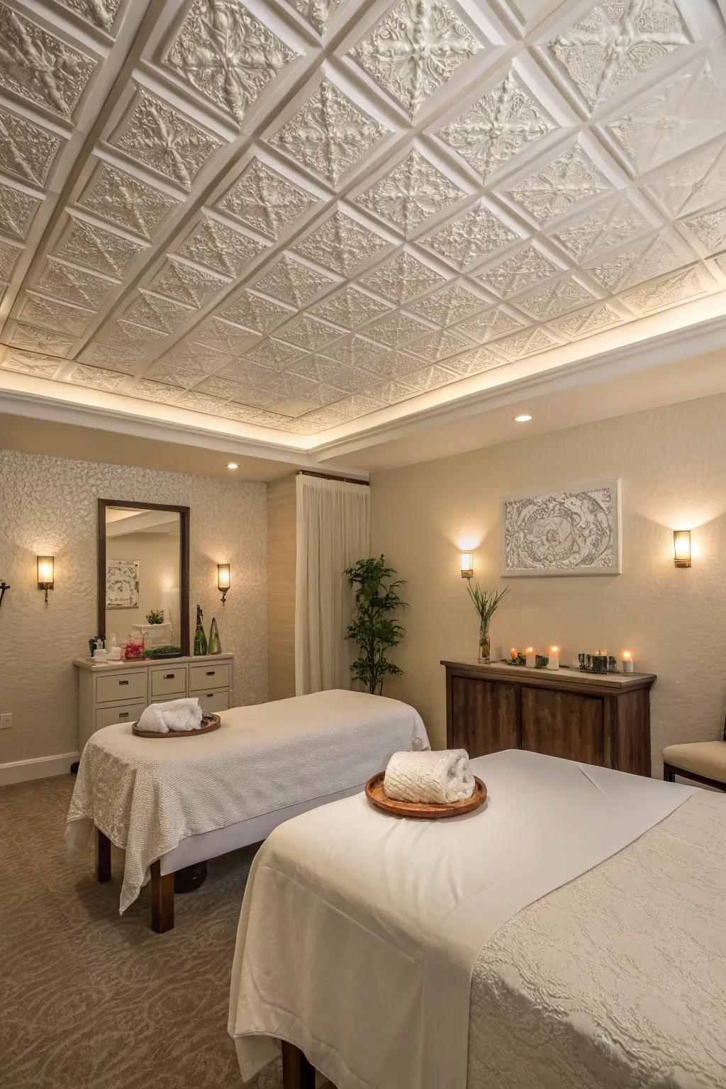 Create a peaceful space using natural textured ceiling boards.