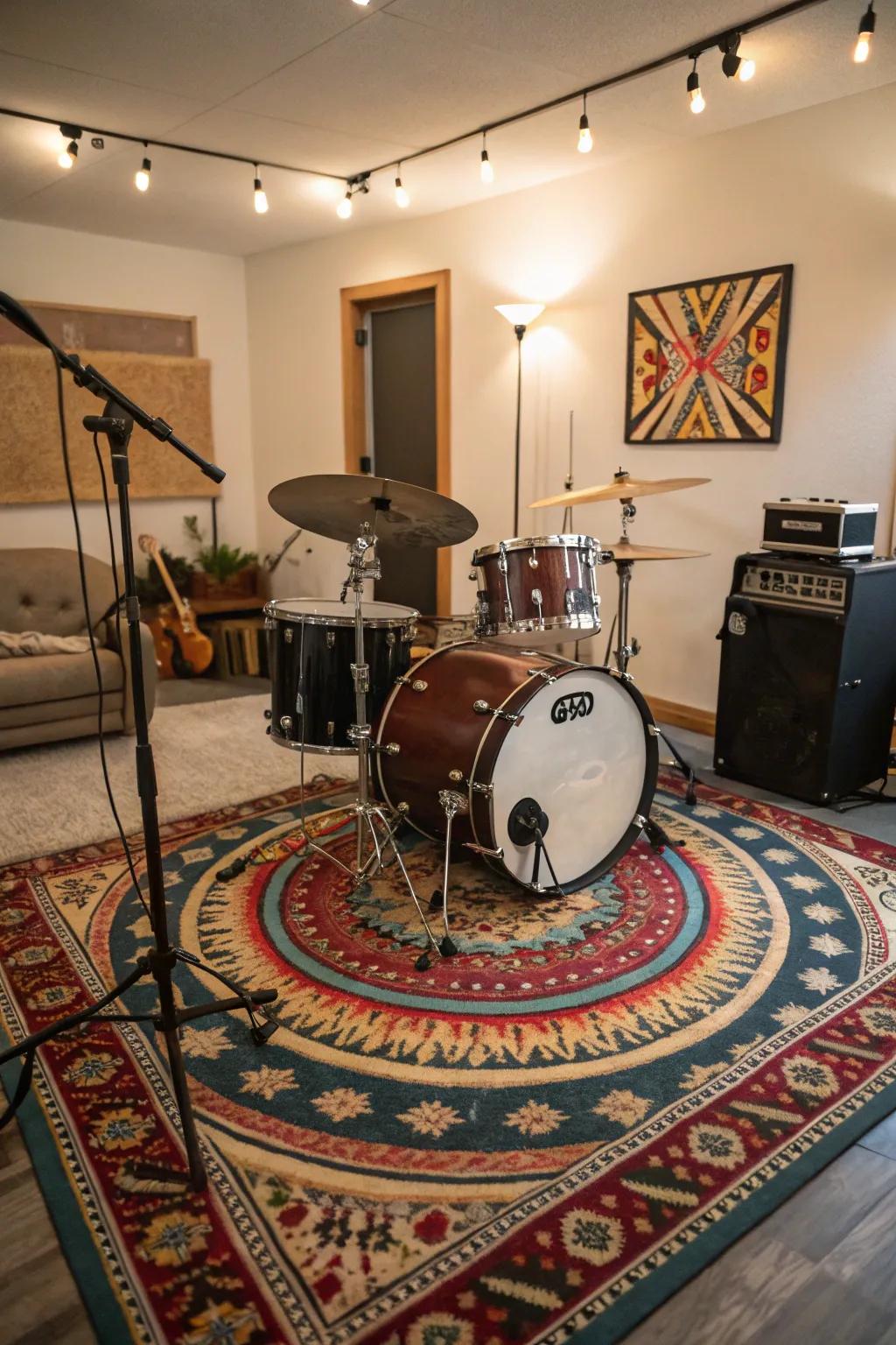 Rugs serve both aesthetic and acoustic roles in a drum room.