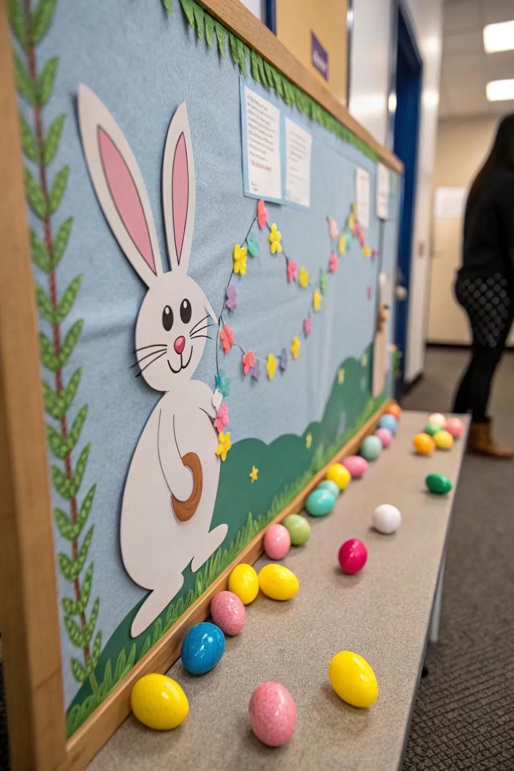 A playful bunny leaving a trail of colorful eggs on the board.
