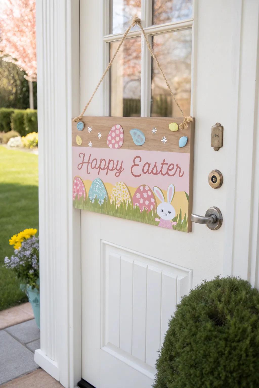 A timber plaque showcasing a cheerful Easter message warmly greets visitors.