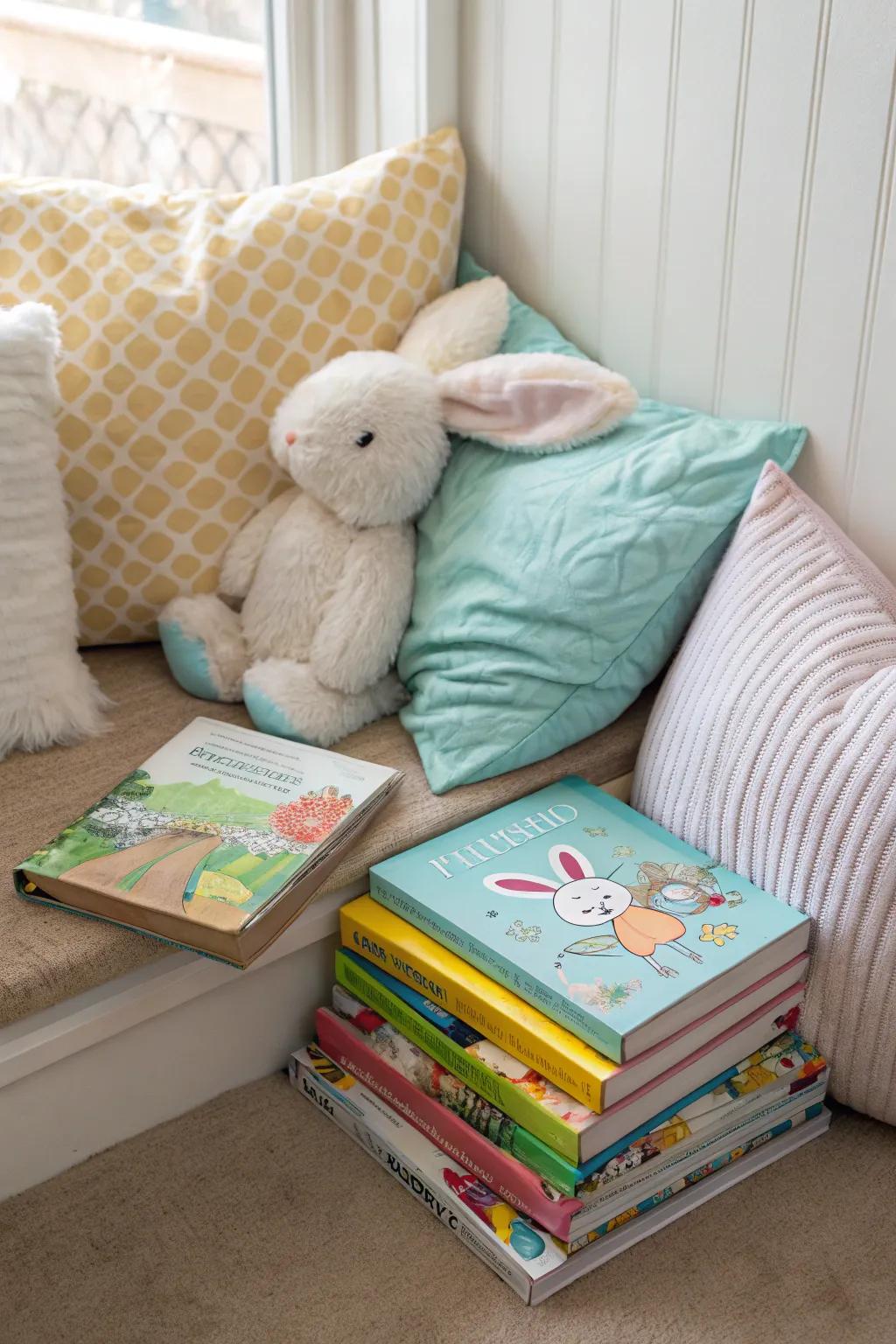 A snug Easter storytime nook for toddlers.