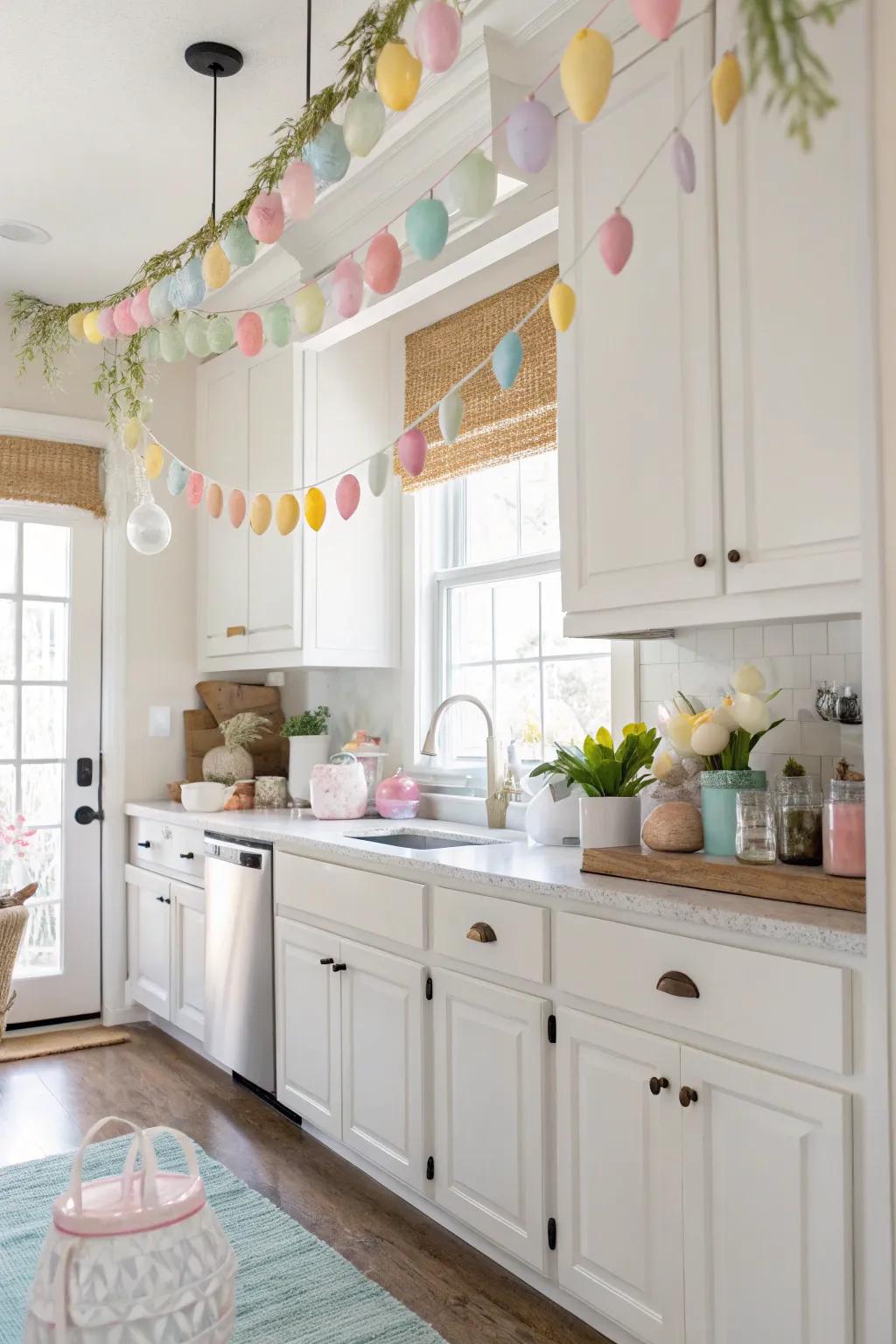 Soft-toned garlands introduce a festive touch atop the cooking cabinets.