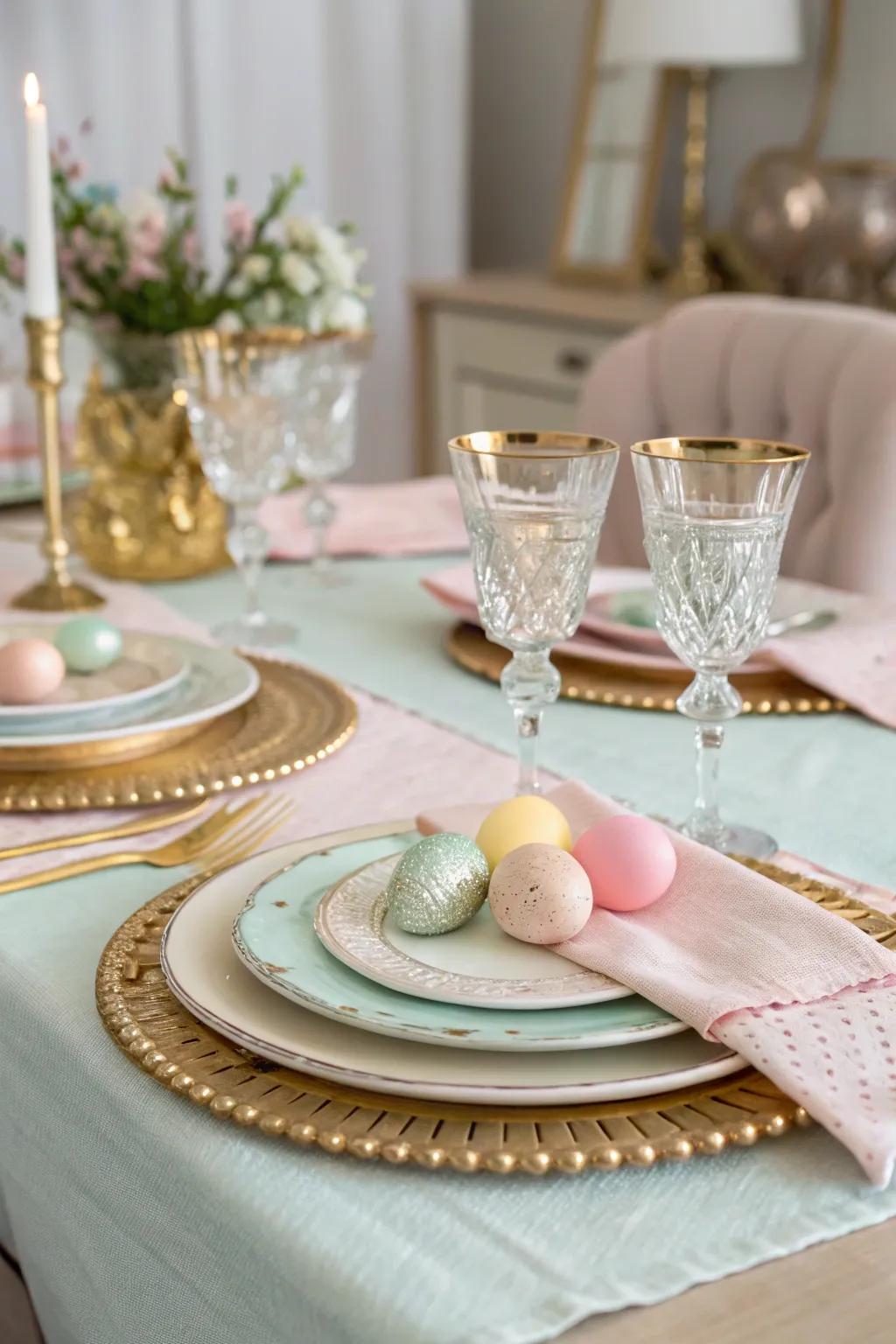 Sophisticated tableware with metallic accents brings elegance to the Easter table.