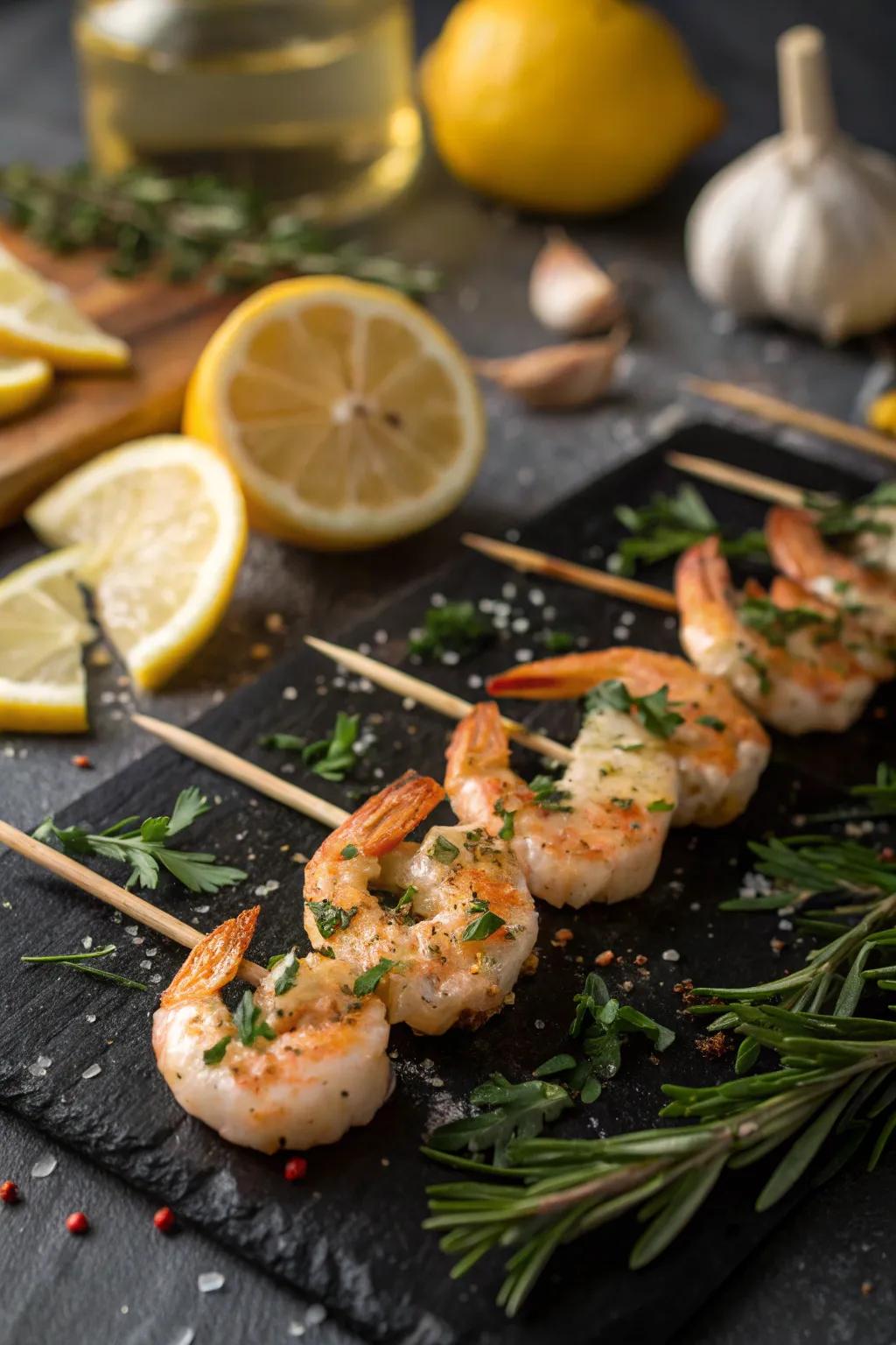 Plump prawn skewers, brightened with a whisper of garlic and lemon.