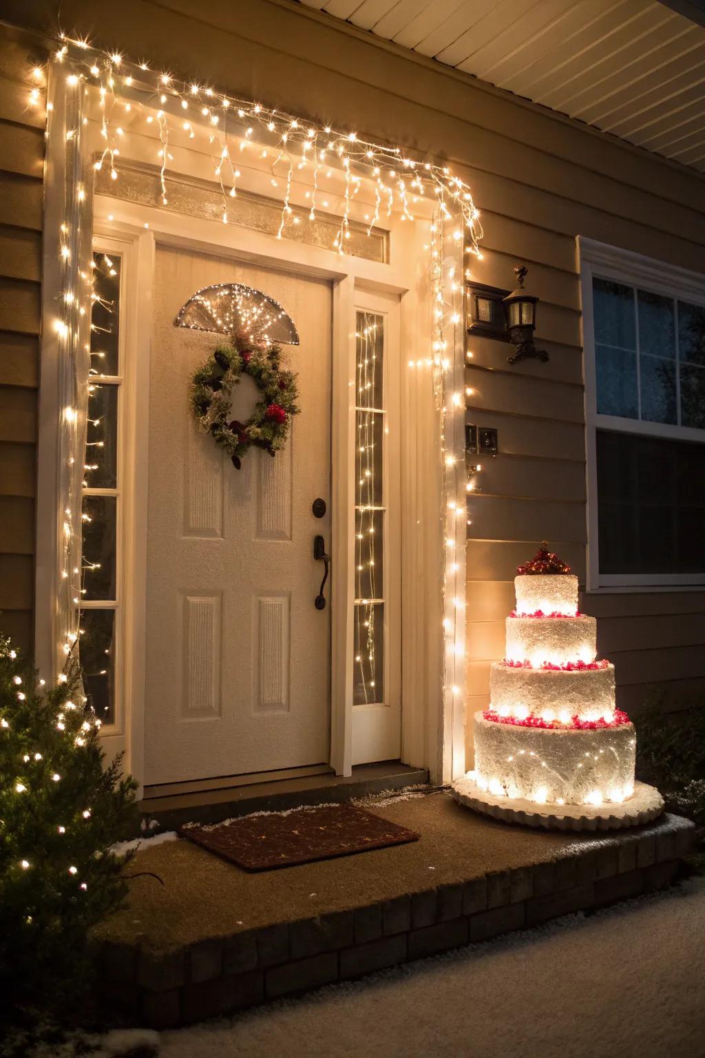 Alabaster twinkling lights fashion a captivating glaze effect encompassing the door.