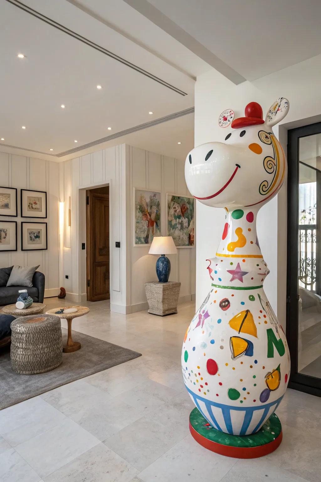 An oversized ceramic sculpture adding whimsy to the decor.