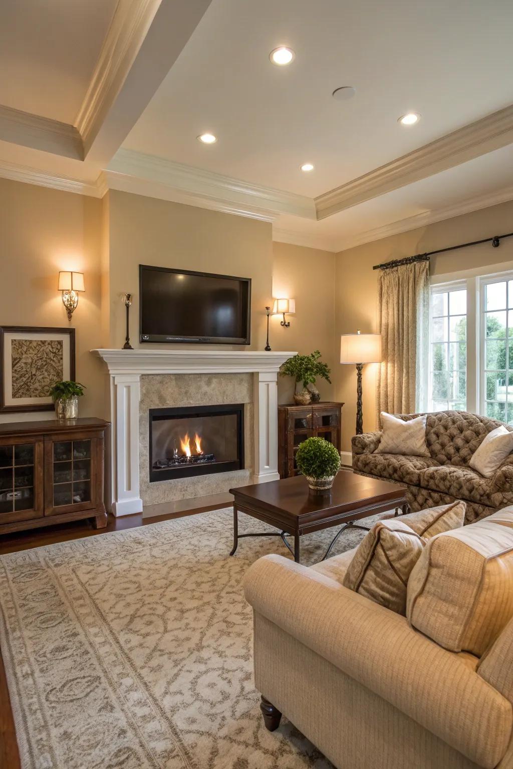 Subdued hues fashion a serene and sophisticated setting for your hearth and television.