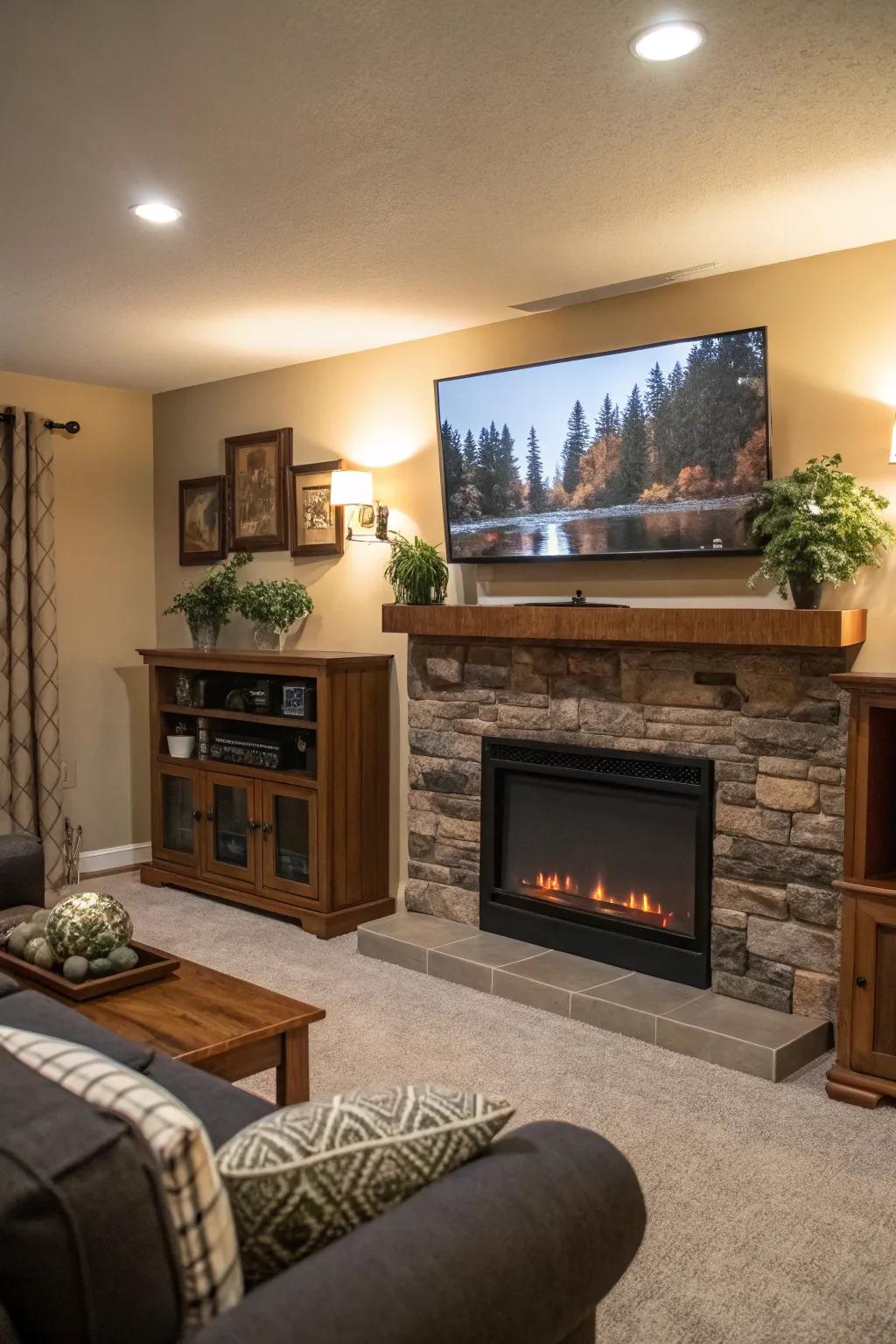 A media-focused wall integrating entertainment with a warming fireplace.
