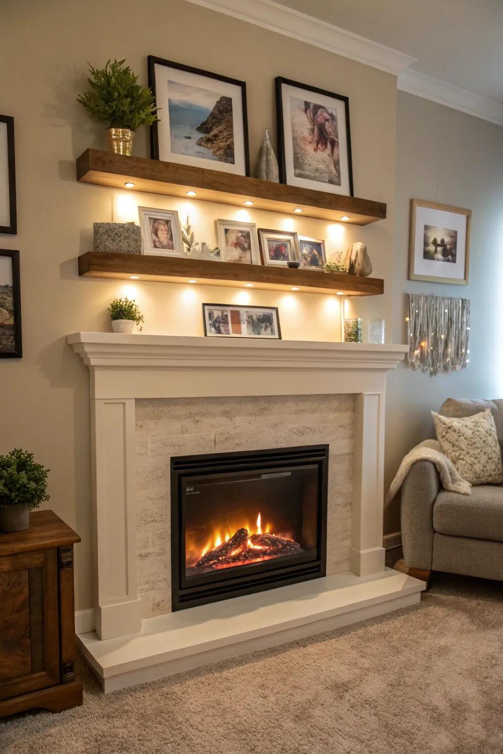 An electric fireplace with wall-mounted shelves overhead, displaying artwork and photos.