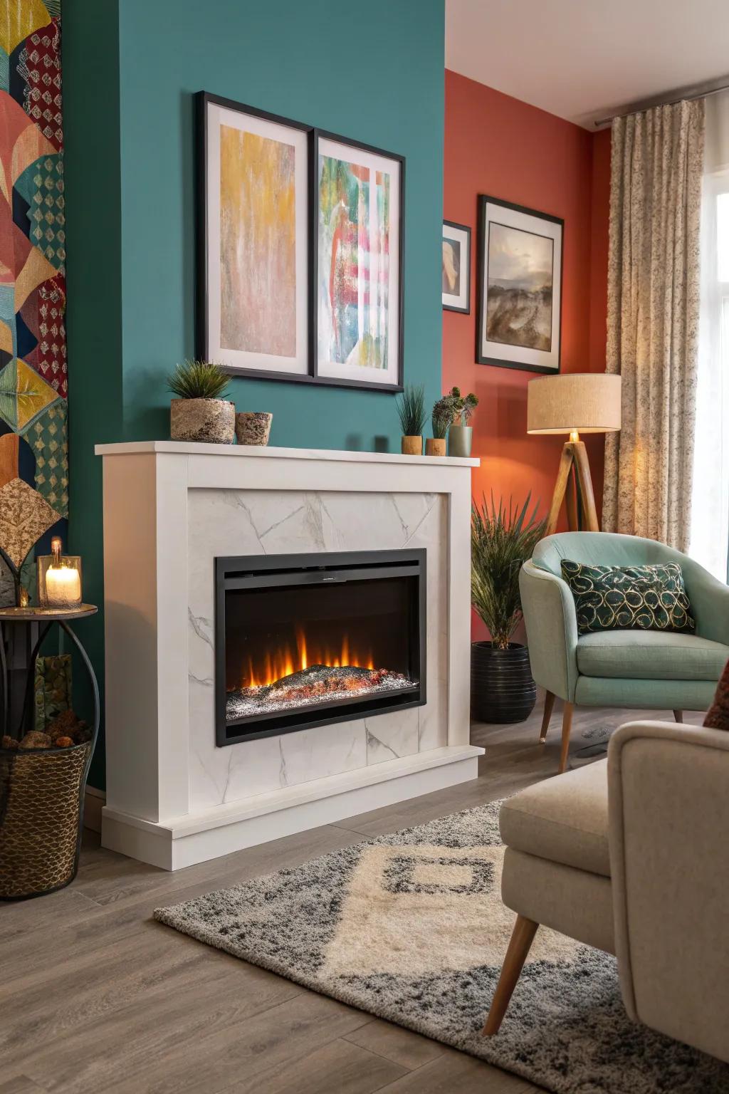 A vibrant accent wall highlights the electric fireplace.