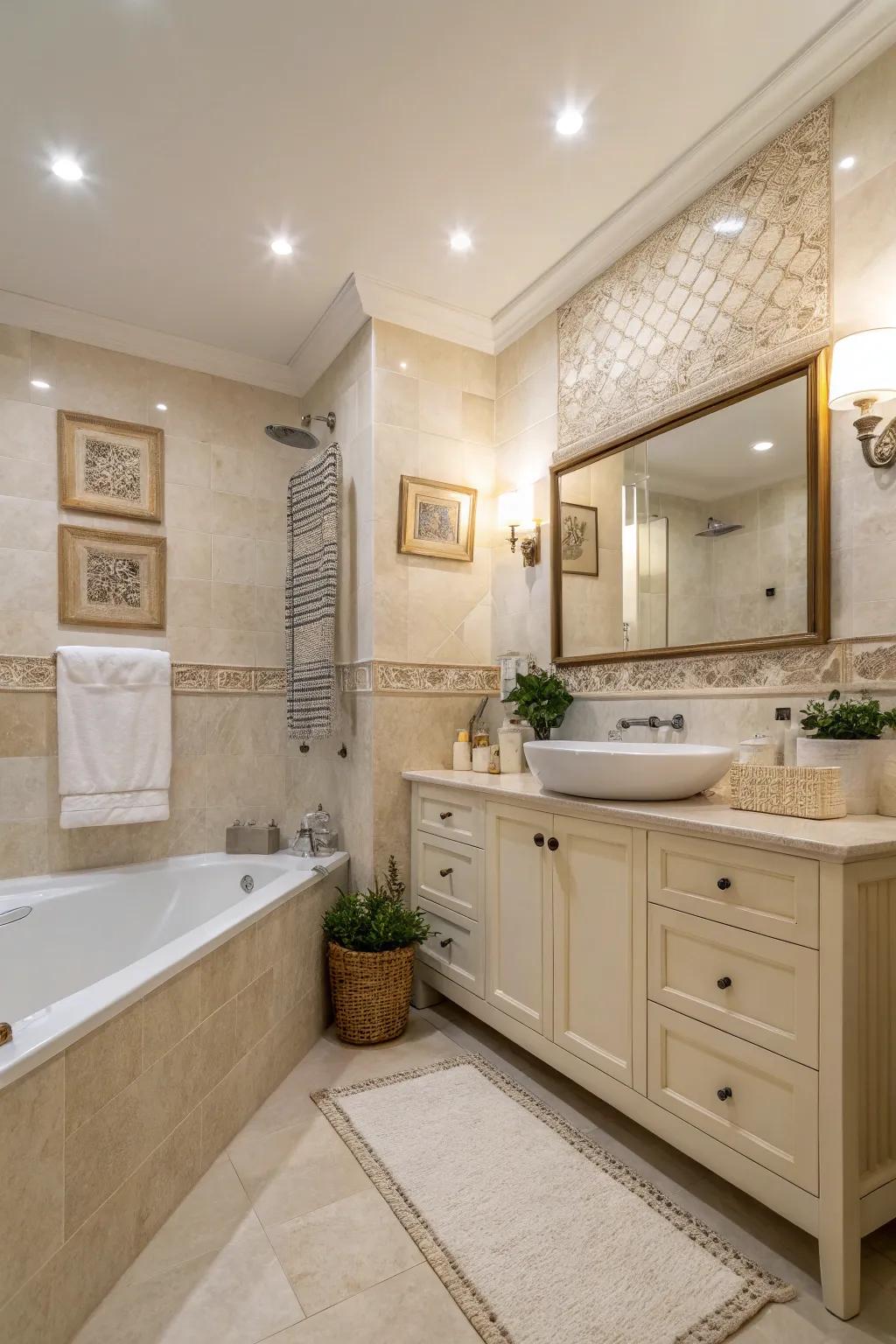 A balanced color scheme fosters serenity in this elegant bathroom.