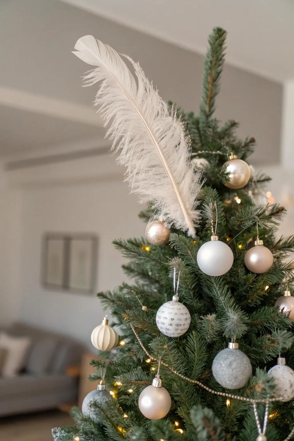 Feathers offer a whimsical elegance to the tree.