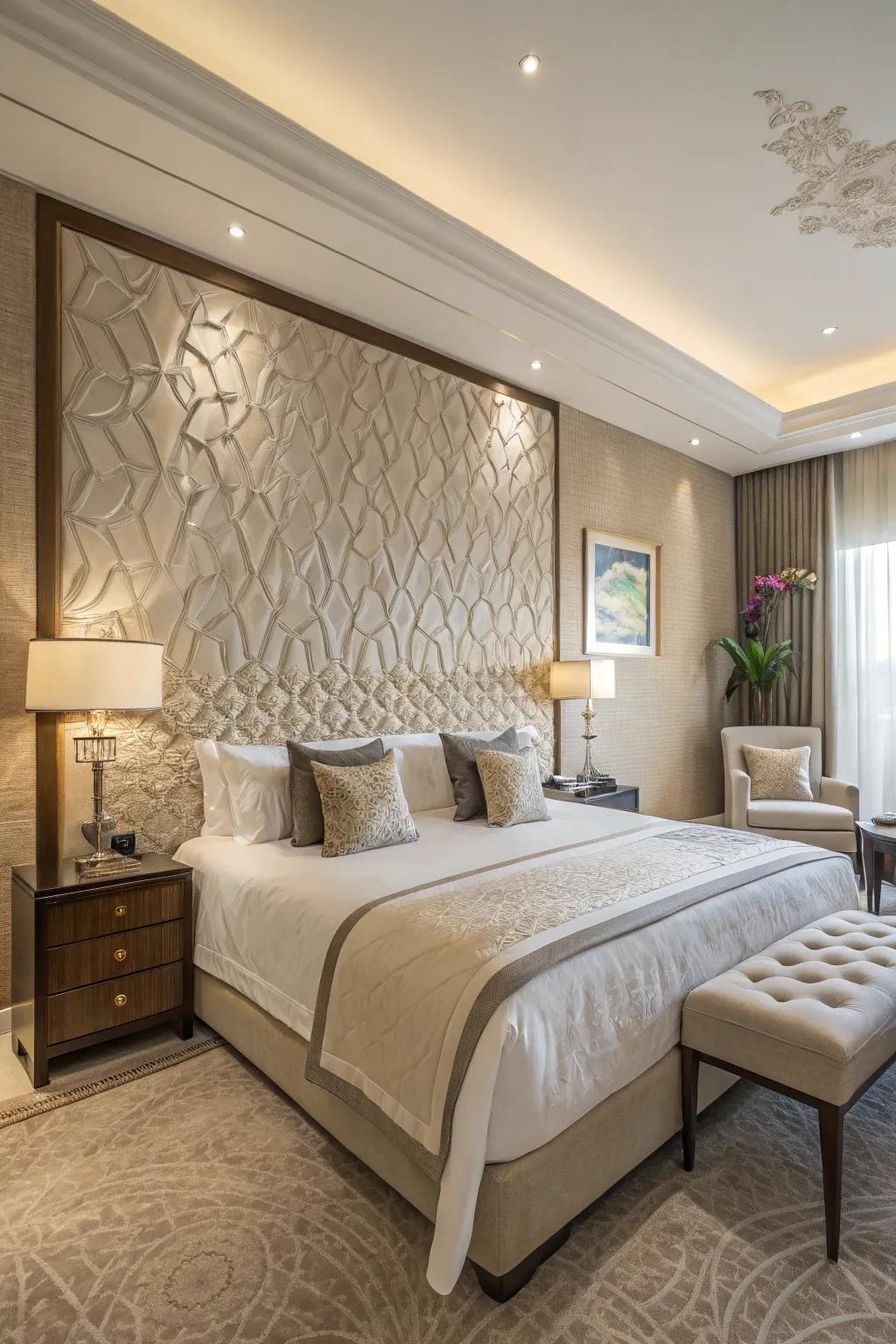 A luxury bedroom featuring a bold textured accent wall.