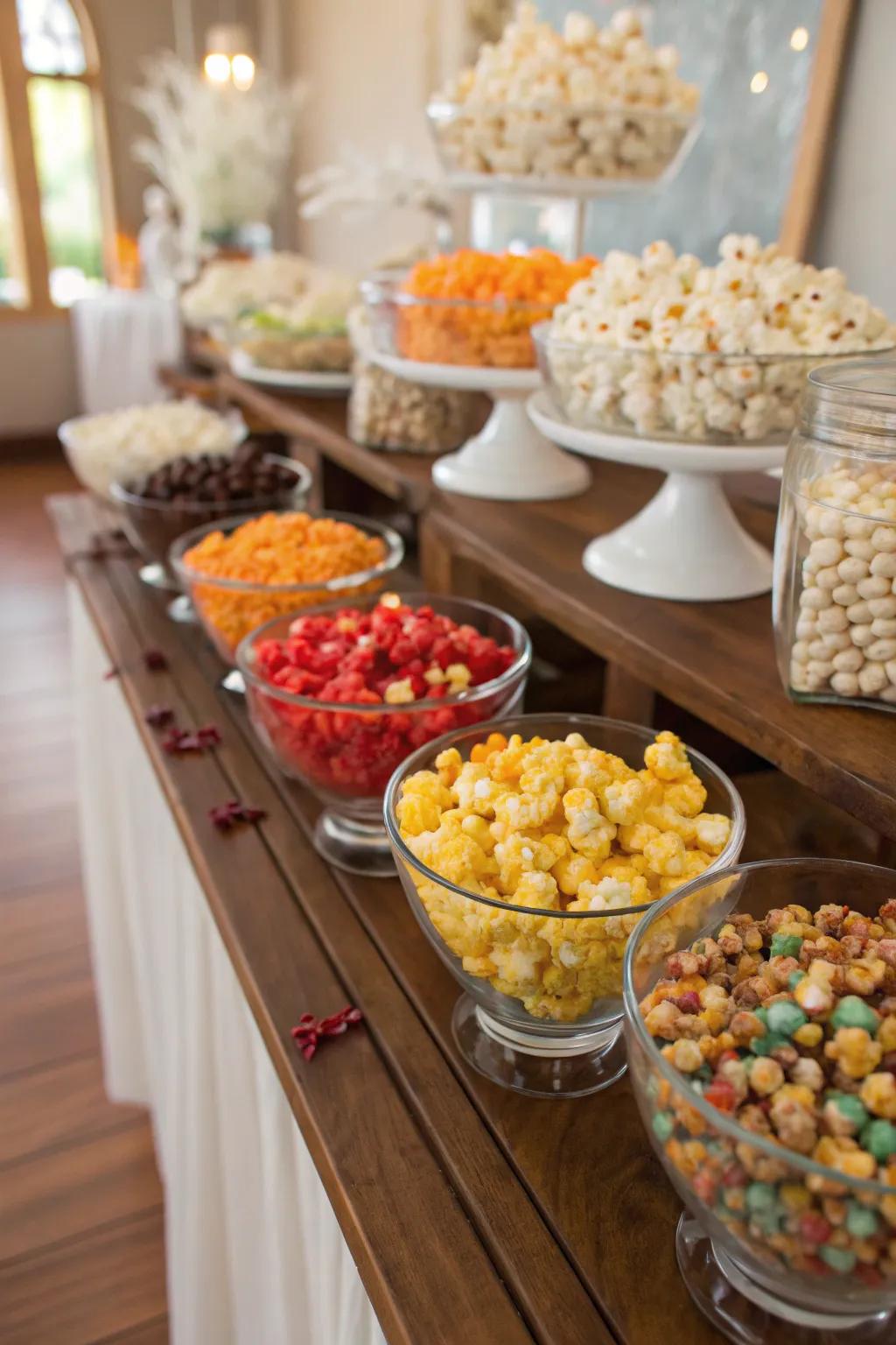 A variety of popcorn extras beautifully arranged in little glass bowls for guest customization.