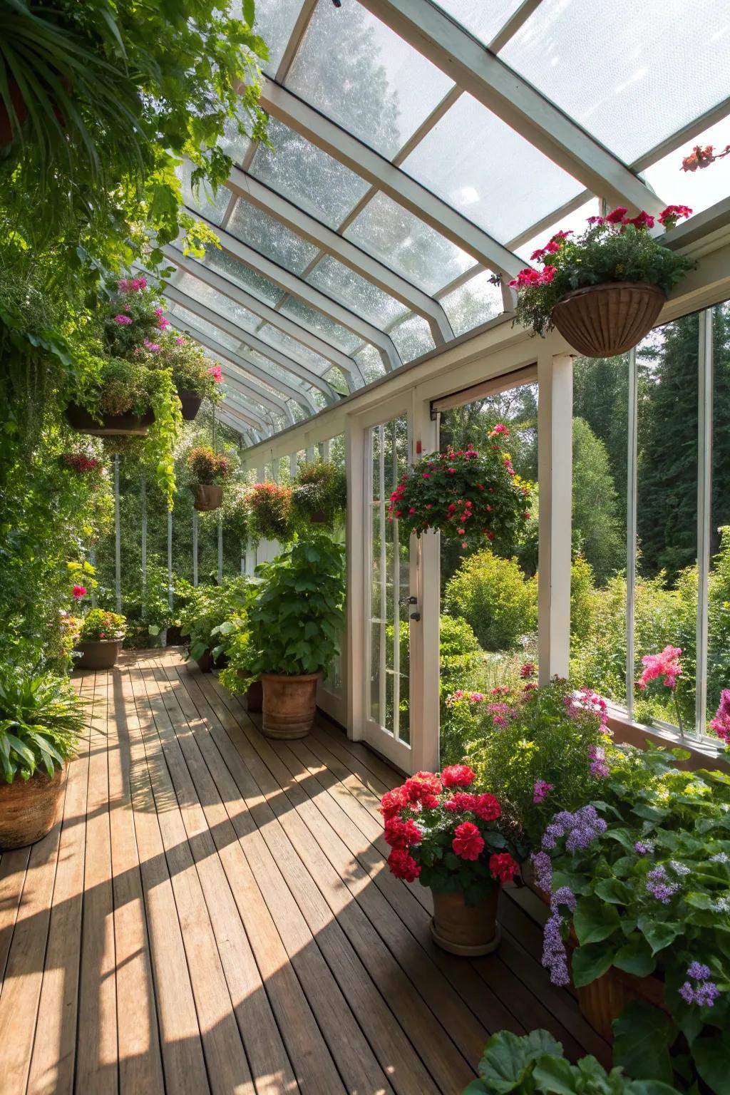 A vibrant greenhouse-themed retreat within the confines of a covered deck.