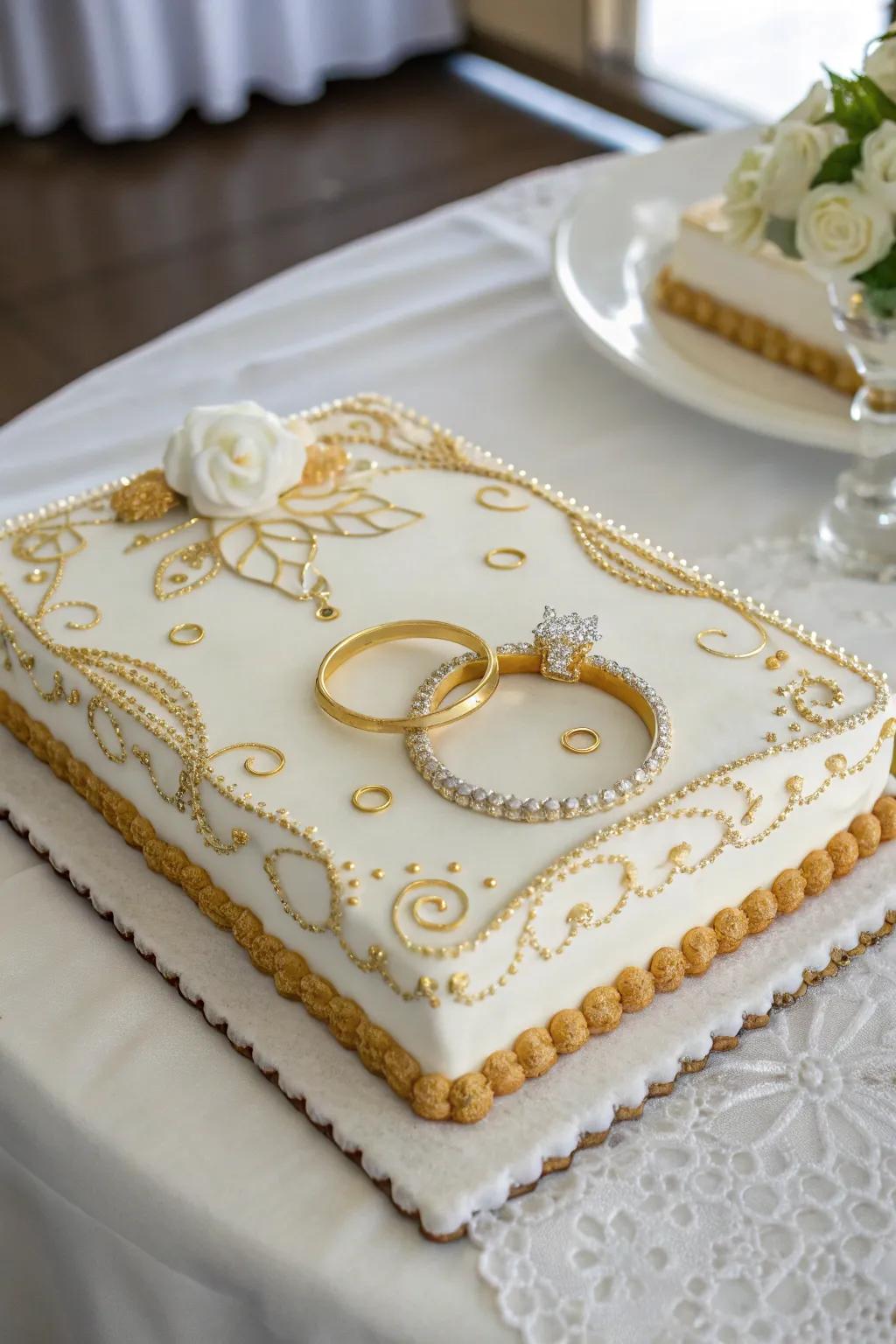 An engagement sheet cake adorned with gold accents in a ring-themed design.