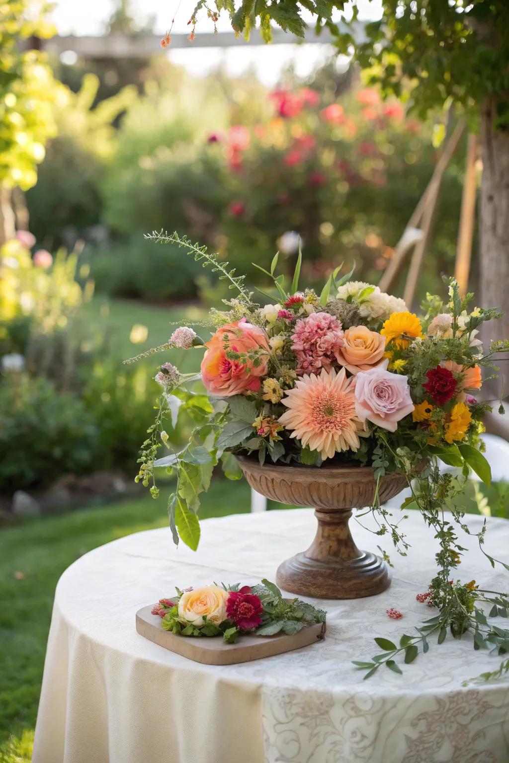 Floral centerpieces introduce color to garden tables.