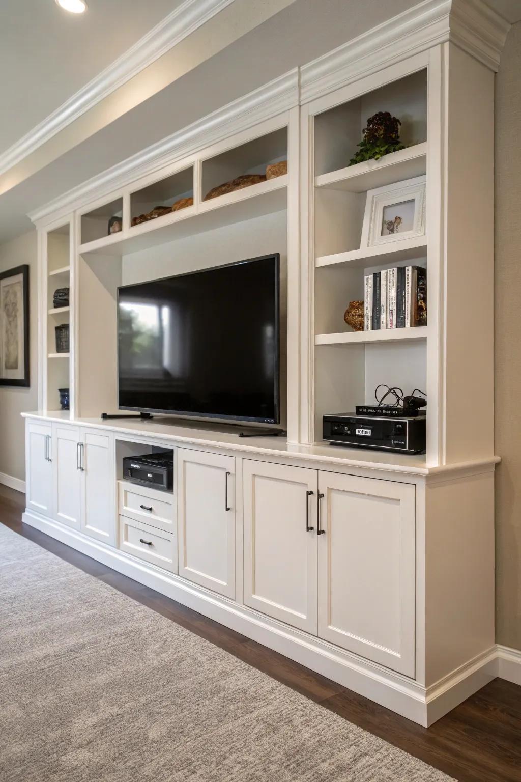 An entertainment area showcasing innovative storage through the use of integrated storage units.