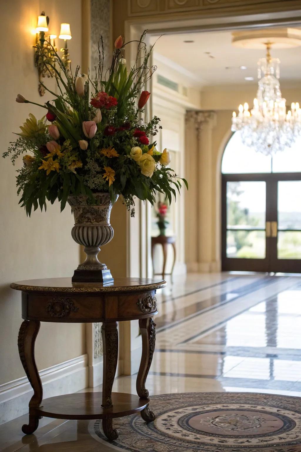 Fresh flowers provide a natural and classy accent to the foyer.