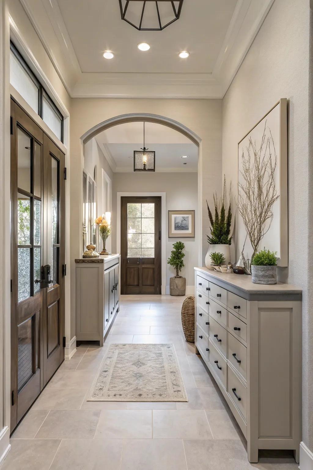 Coordinating finishes create a smooth and unified look in your entryway.