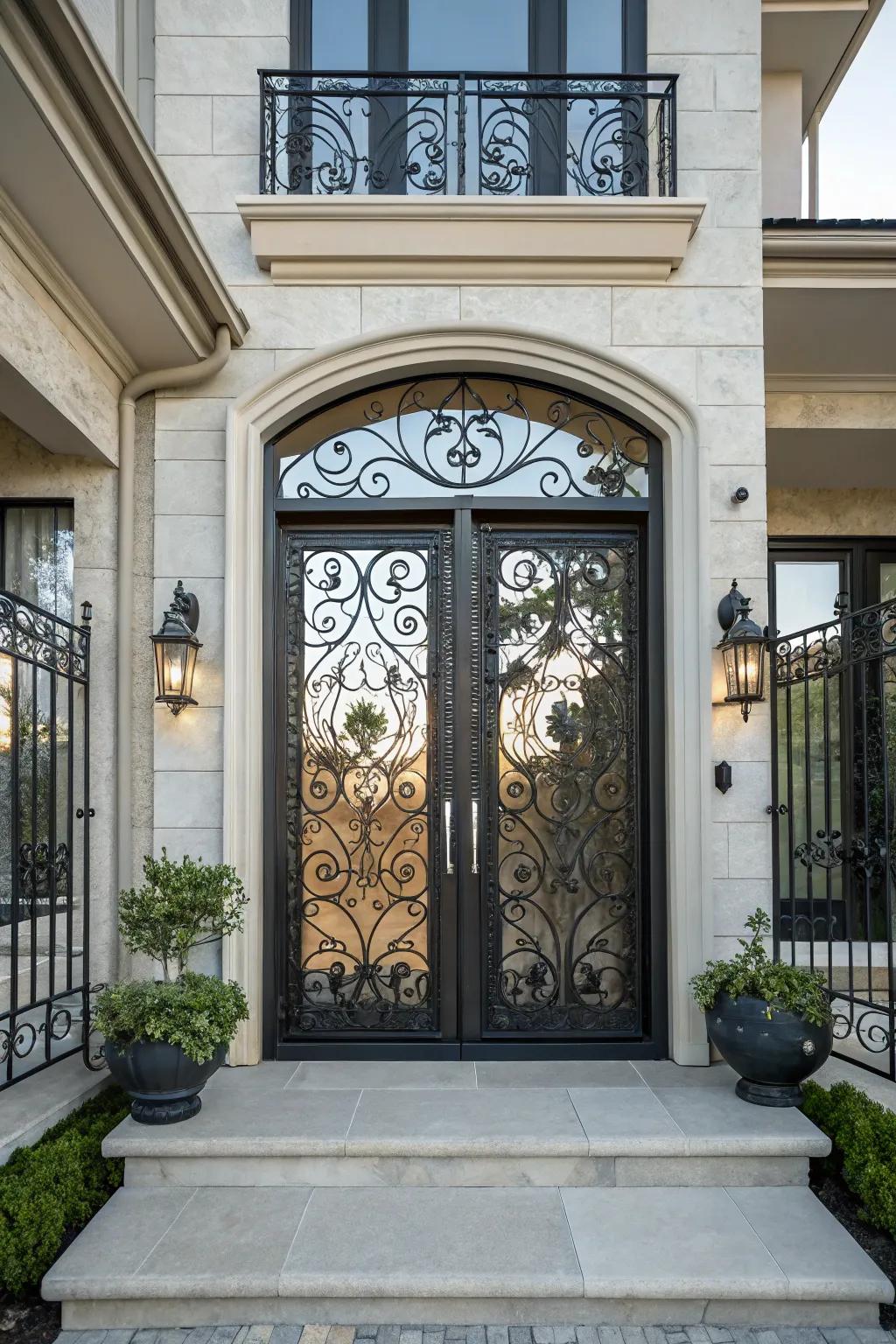 An industrial iron entrance featuring elaborate designs.