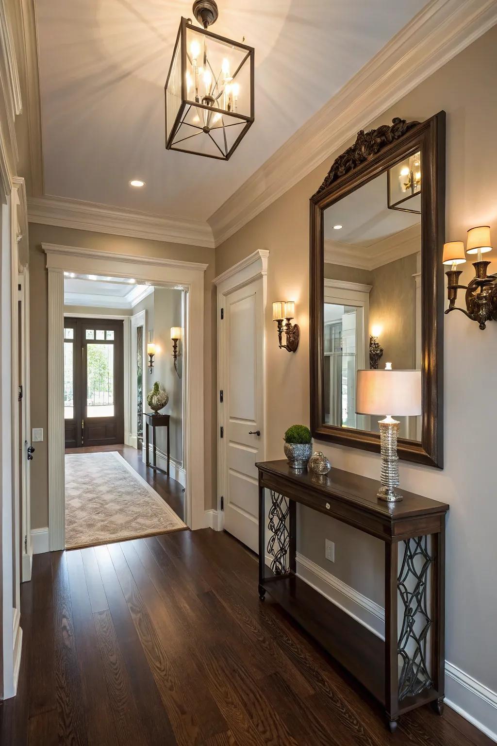 Wall sconces elegantly frame a mirror, adding sophistication to the entryway.