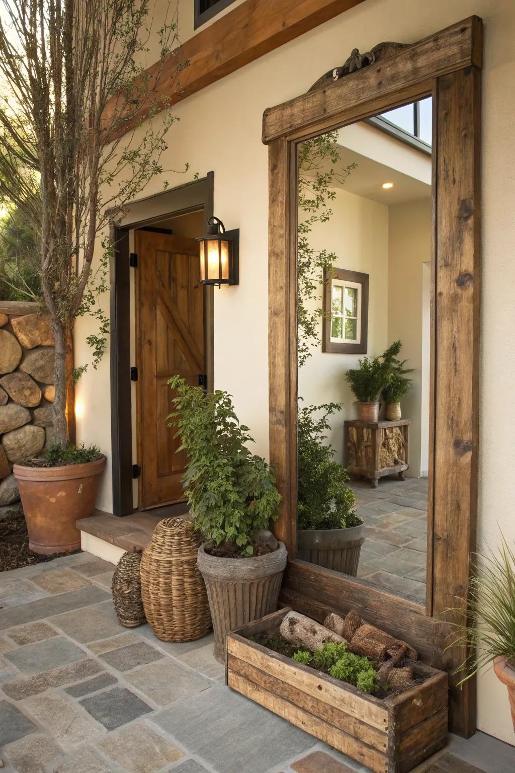 Rustic warmth is produced to life by using a repurposed wood-frame mirror in the entrance.