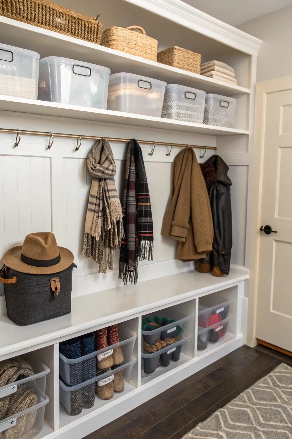 See-through bins keep things visible and arranged in this mudroom.