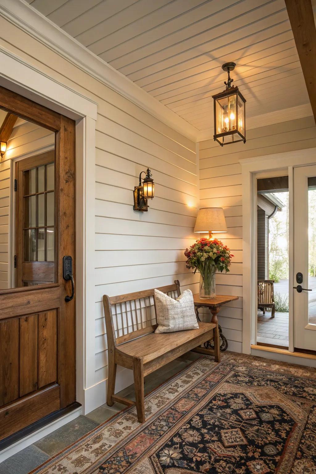 Create a warm, cozy atmosphere with rustic shiplap paneling.