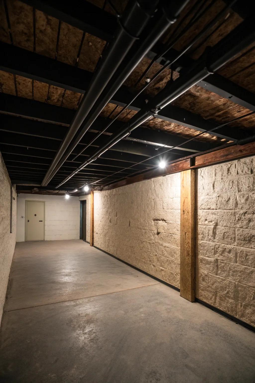 Create visual intrigue with contrasting color and texture in your basement design.