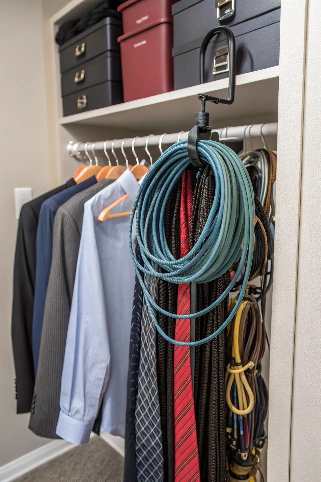 Repurpose a tie rack for lead storage that's organized and free from tangles.