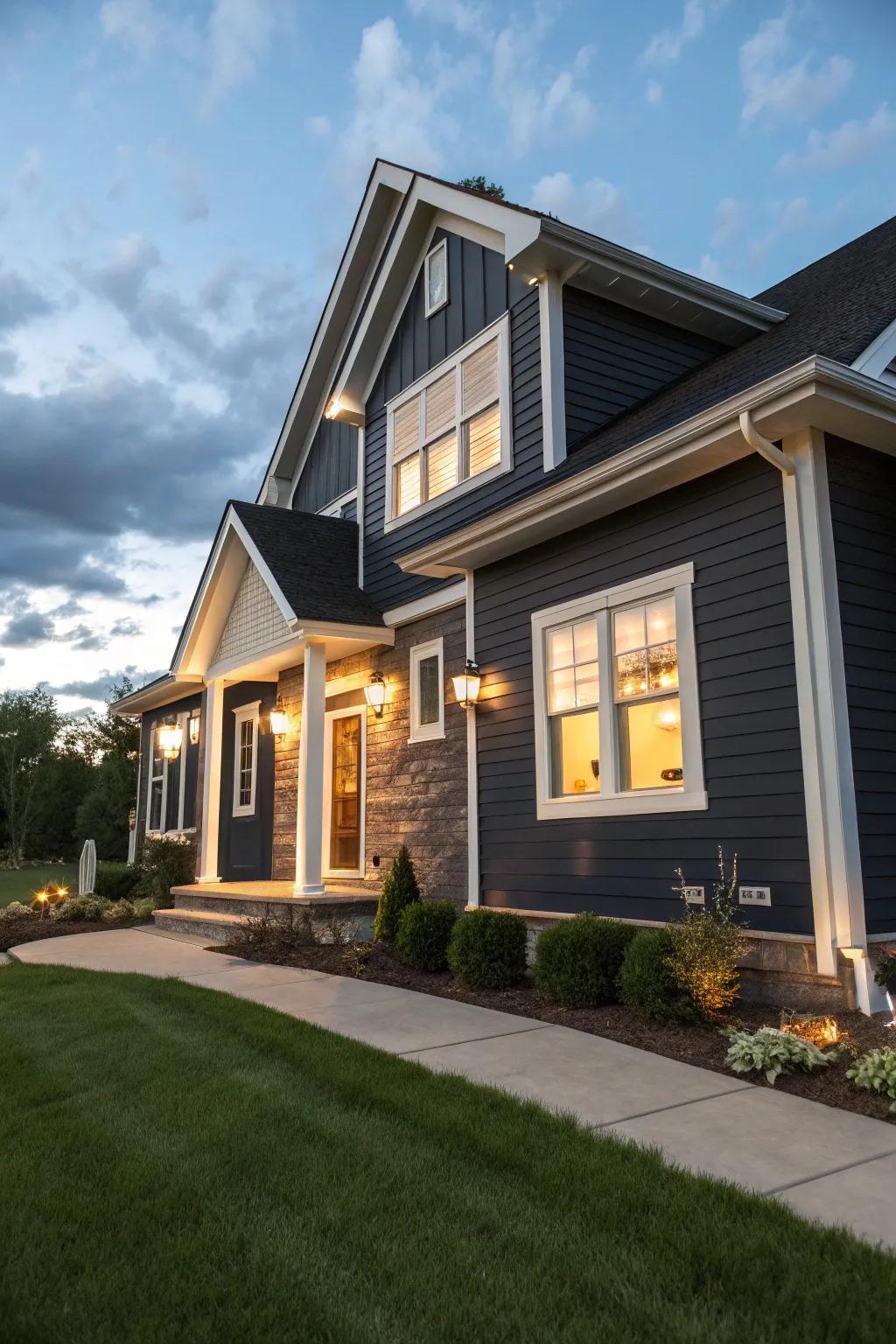 Contrasting siding and trim for a dynamic exterior.