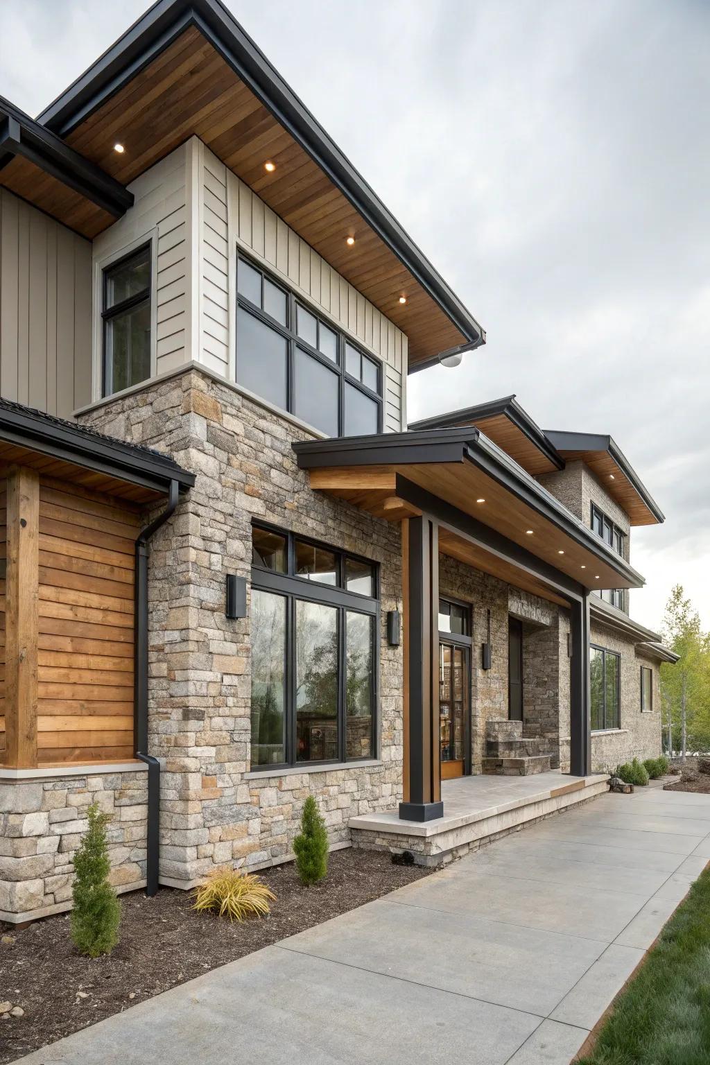 Blended materials craft an energetic and visually intriguing home exterior.