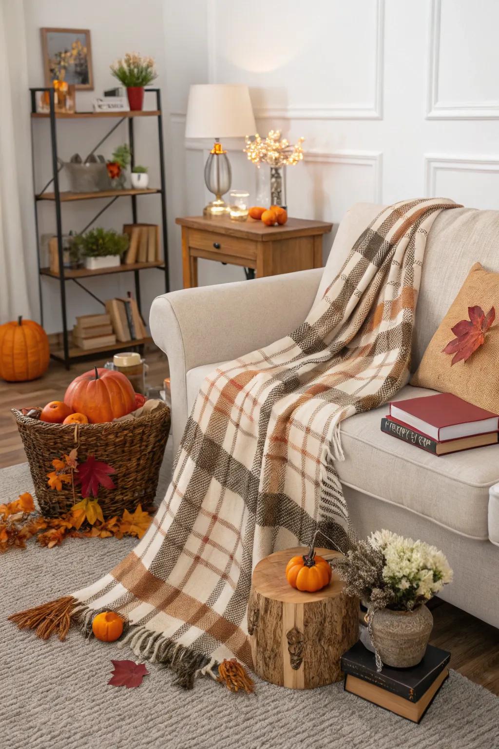 Tartan fabrics contributing warmth and panache to a fall-themed living space.