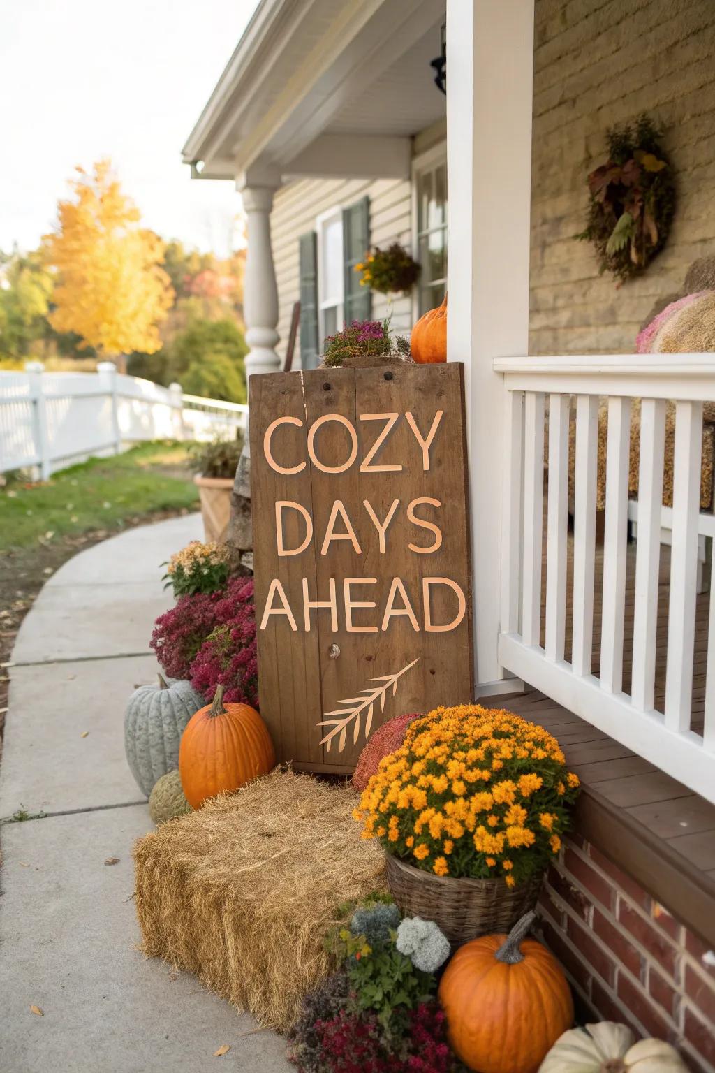 An adorable fall-inspired plaque warmly welcomes visitors.