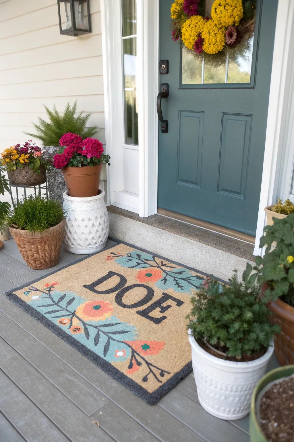 A personalized doormat creating a distinctive entryway.