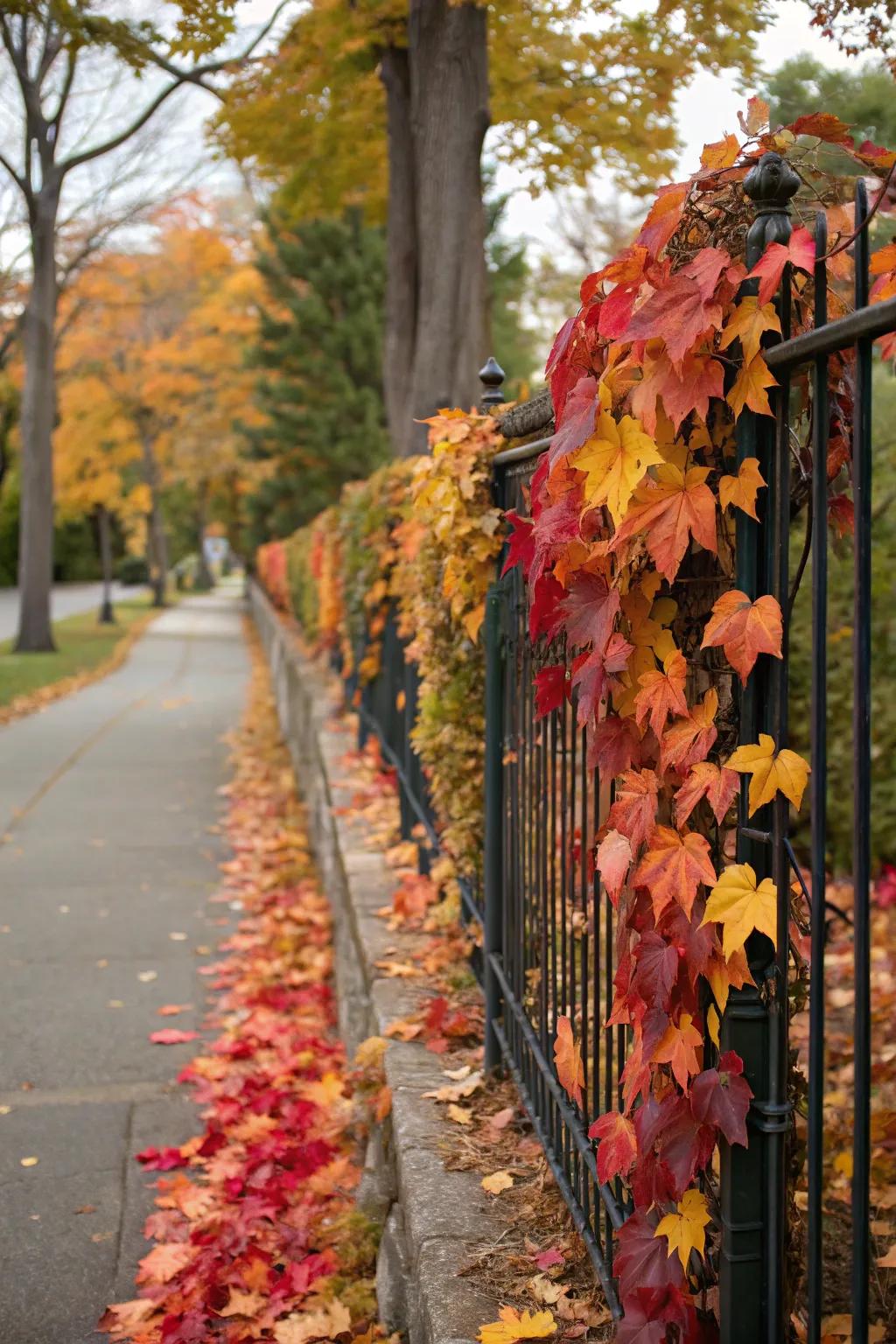 Garlands of seasonal leaves gracefully adorn a fence.